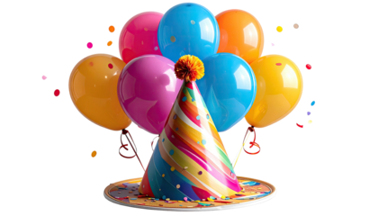 Colorful balloons, birthday hat on a plate, confetti, a festive celebration graphic