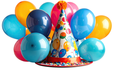 Colorful balloons surround a party hat on a plate scattered with confetti