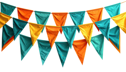 Colorful bunting garland featuring teal, orange, and yellow triangular flags against a black background