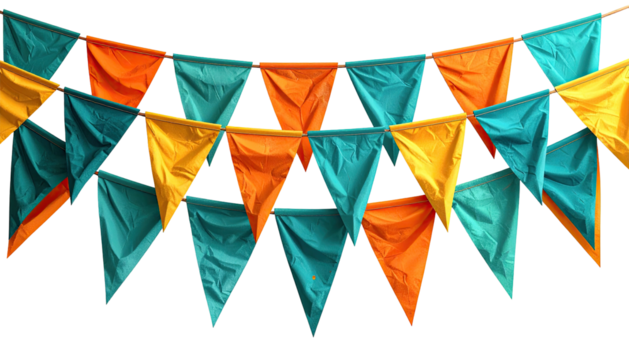 Colorful bunting garland featuring teal, orange, and yellow triangular flags against a black background - Powered by Adobe