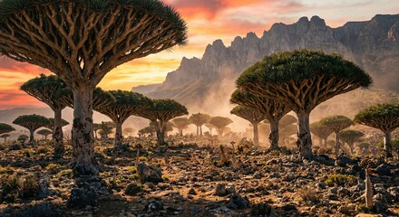 Surreal Dragon Blood Tree forest landscape on Socotra Island at sunset with dramatic mountain background