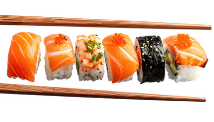 Colorful, fresh sushi selection with chopsticks, isolated on black background, ready to eat