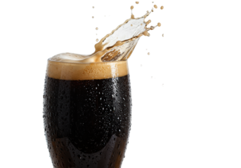 deep dark stout in a chilled, condensation-covered tulip glass, beige head violently splashing, macro detail of frozen droplets, dramatic side lighting on transparent, concept for high-end