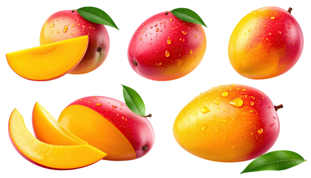 Colorful, fresh, juicy mangoes with leaves and water droplets on a transparent background - Powered by Adobe