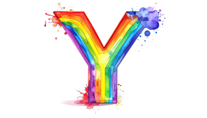 Colorful, watercolor style letter "Y" rendered in a rainbow of hues against a black background