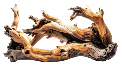 Complex tangle of weathered wood with intricate curves against a black backdrop