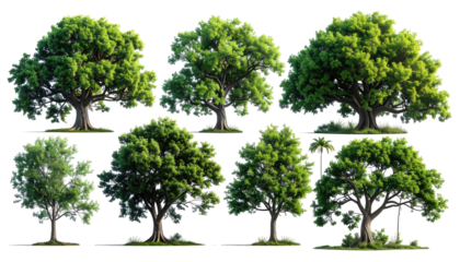 Composite image showing diverse variations of lush, verdant trees against a transparent background