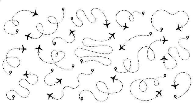 Airplane Flight Path and Travel Route Icon Set: Dotted Line Map Tracks with Aircraft Silhouette and Destination Map Pins