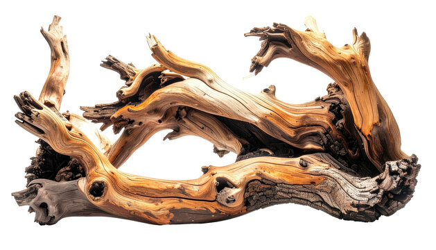 Complex tangle of weathered wood with intricate curves against a black backdrop