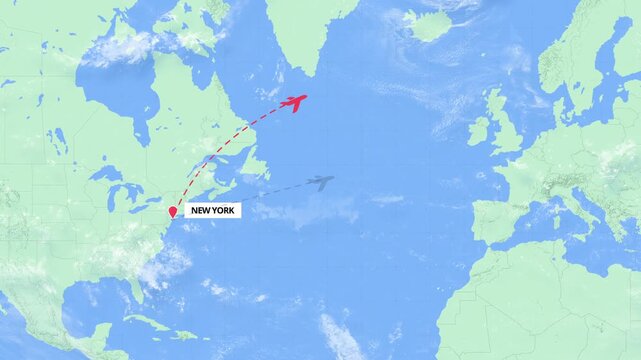 New York to Copenhagen Flight Path Map Animation - USA to Denmark - Green and Blue Map