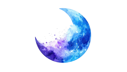 Crescent moon watercolor art with blue, purple hues and a black background