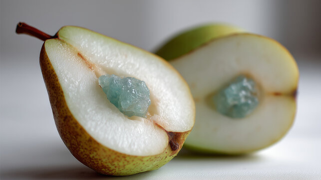 Close-up half pear with soft green flesh, a jade stone replacing the seed core