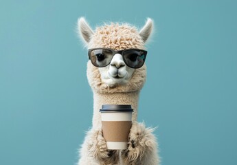 Obraz premium A stylish alpaca wearing sunglasses holds a coffee cup, showcasing a unique and playful blend of nature and modern lifestyle elements in a vibrant setting.