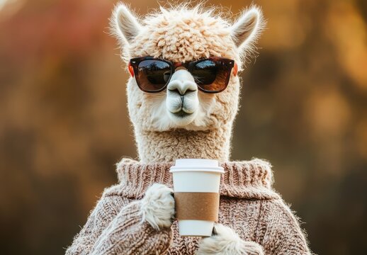 A quirky, fashionable alpaca donning sunglasses and a cozy sweater, joyfully holding a cup of coffee in a warm autumn setting, radiating style and personality with a touch of humor.