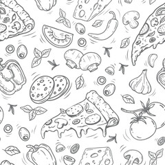 Obraz premium Seamless pattern featuring a pizza set, Italian cuisine, pizza slice. Pizza and ingredients in a doodle style. Hand-drawn. Perfect for menu design, banners,pizza box, websites, and packaging. Vector