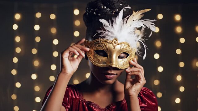 A young woman dressed in a stunning red gown prepares for a magical evening, playfully donning a golden mask adorned with feathers. Her joyous spirit shines through the sparkling atmosphere.