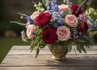 A high-resolution close-up of a meticulously arranged flower bouquet, featuring deep red and pale pink roses complemented by blue delphiniums, lavender, and eucalyptus leaves. 