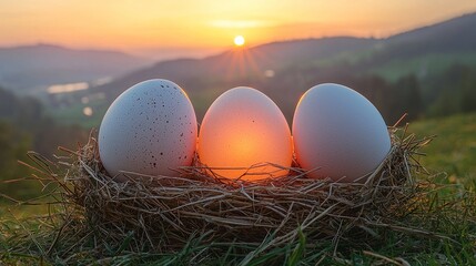 Three eggs glowing softly in a natural nest during a golden sunset, symbolizing fertility, new beginnings, and harmony in nature's peaceful embrace and serene ambiance.
