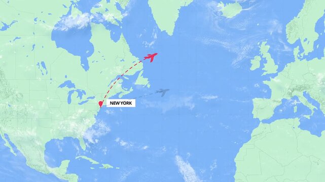 New York to Manchester Flight Path Map Animation - USA to England - Green and Blue Map