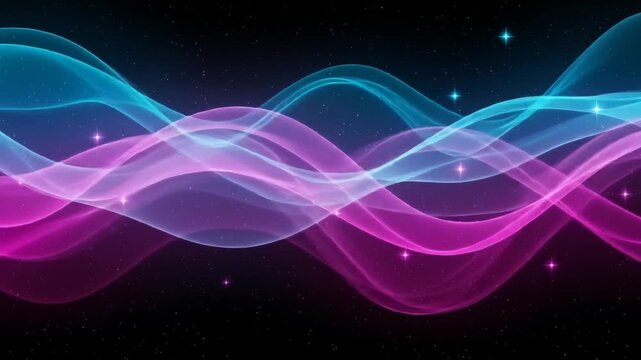 Vibrant wavy lines dance across a dark background, creating a mesmerizing display of colorful lights and fluid motion from a frontal viewpoint.