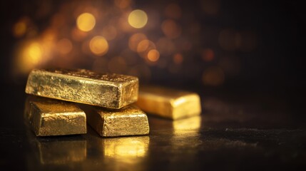gold bars on a dark background with a bokeh light