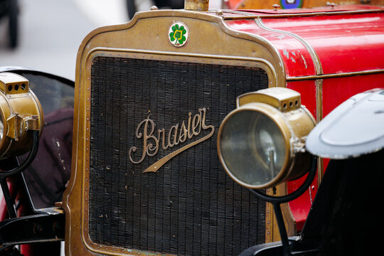 Velden, Austria - August 30, 2025: Vintage Brasser automobile front grill with elegant design and shiny headlights, showcasing classic craftsmanship at an Oldtimer Festival