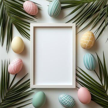 A beautiful arrangement of pastel Easter eggs framed by tropical leaves on a soft gray background, creating a tranquil and festive environment suitable for spring-inspired decor.
