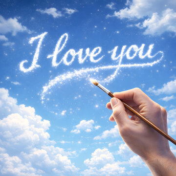 AI Hand Writing Love. A romantic AI-generated illustration of a man&rsquo;s hand writing &ldquo;I Love You&rdquo; in the blue sky with fluffy clouds, perfect as a gift for Valentine&rsquo;s Day or birthdays.