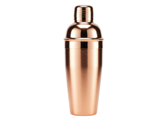 highly detailed cobbler cocktail shaker, contrasting polished copper cap and brushed satin copper body, centered on a transparent background, showcasing luxurious barware. concept for premium