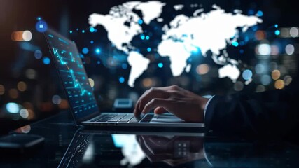 Hands Typing on Laptop with Global Data Network Background - Powered by Adobe