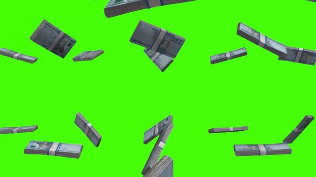 Dominican Peso banknotes falling on green screen, DOP currency rain animation
