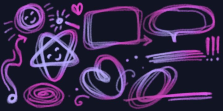 Collection of hand-drawn neon purple elements including smiley faces, stars, hearts, arrows, speech bubbles, frames, swirls, and scribbles with glowing effect on dark background. Fun