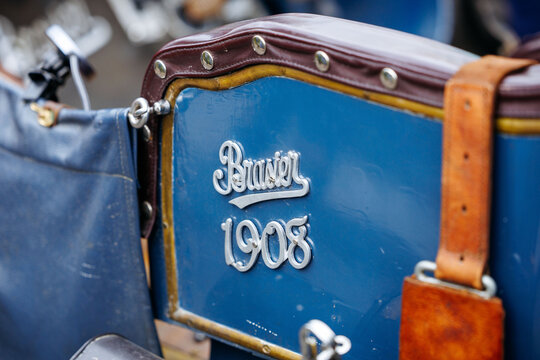 Velden, Austria - August 30, 2025: Brassier vintage motorcycle seat from 1908 showcasing intricate details and craftsmanship at an Oldtimer Festival, perfect for automotive enthusiasts