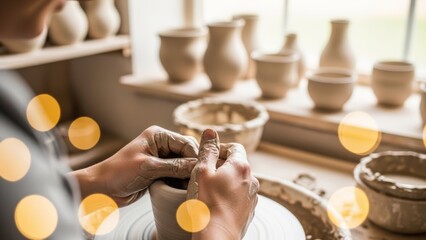 potter's hands shaping raw clay on a spinning wheel for craft workshop websites, art therapy blogs, handmade business promotion, and creative hobby education, with bokeh in bright studio