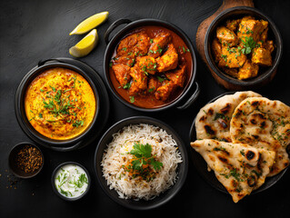 Vibrant Indian Cuisine Flat Lay: Diverse Dishes on Dark Background for Culinary Inspiration and Food Blogging