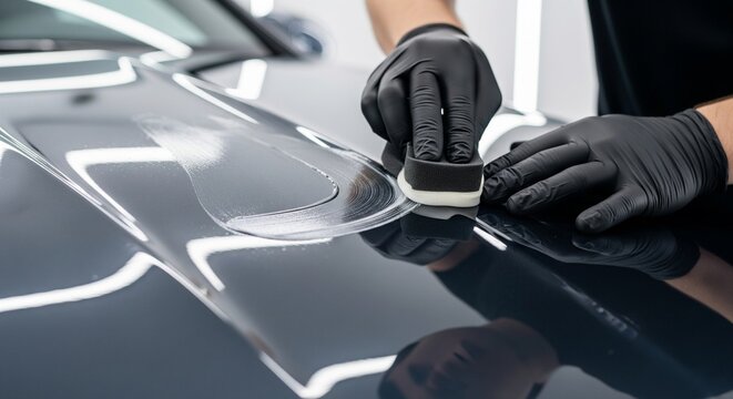 Detailer applying ceramic coating to luxury car hood under bright light