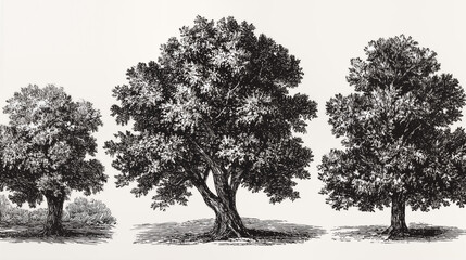 Fototapeta premium Vintage Hand-Drawn Engraved Trees Clip Art for T-Shirt Designs, Isolated on White Background