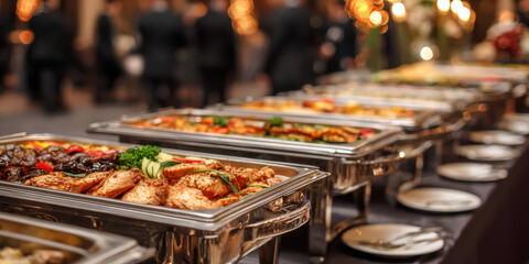 Elegant Catering Display at Wedding Reception with Delicious Food, Guests Enjoying in Hotel Ballroom Atmosphere