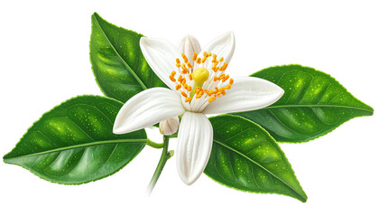Delicate white citrus flower with a yellow center, surrounded by vibrant green leaves on a black background