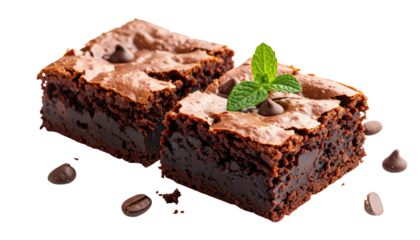 Delicious close-up of two chocolate brownies with chips and a mint sprig on a transparent background