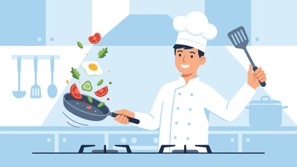 Professional chef cooking in kitchen. Man in uniform tossing egg and vegetables. Culinary worker preparing meal. Flat vector illustration. Restaurant concept. Male cook with spatula.