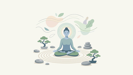Person meditating in zen garden. Inner peace and tranquility concept. Spiritual balance and harmony. Yoga lotus pose. Mindfulness and mental health wellness. Flat vector illustration