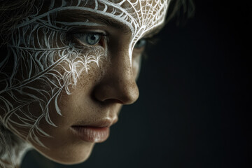 Obraz premium Enchanting Portrait of Woman Adorned with White Spider Web Patterns, Dark Background, Evoking Mystery and Intrigue
