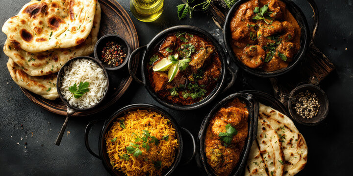 Vibrant Indian Food Platter Featuring Curry, Biryani, and Naan on Dark Background - Perfect for Culinary Promotions