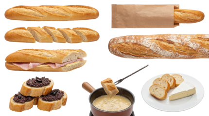 set of baguettes in different preparations, including whole loaves, slices and sandwiches isolated on a transparent background