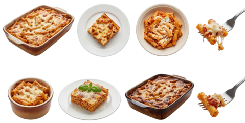 set of baked ziti pasta in different views, including whole casseroles and single portions isolated on a transparent background