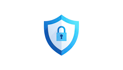 Digital graphic depicts a stylized blue shield with a central padlock, on a black background