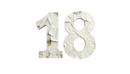 Digit "18" presented against black. The digits feature a textured, aged look with peeling paint