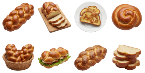set of challah bread in different shapes, including braided loaves, spirals and slices isolated on a transparent background
