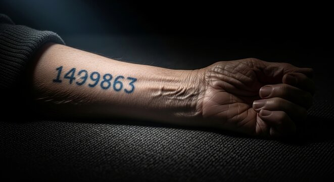 An elder's arm reveals a chilling number tattoo, representing the solemn memory and profound historical trauma for a Holocaust remembrance concept.